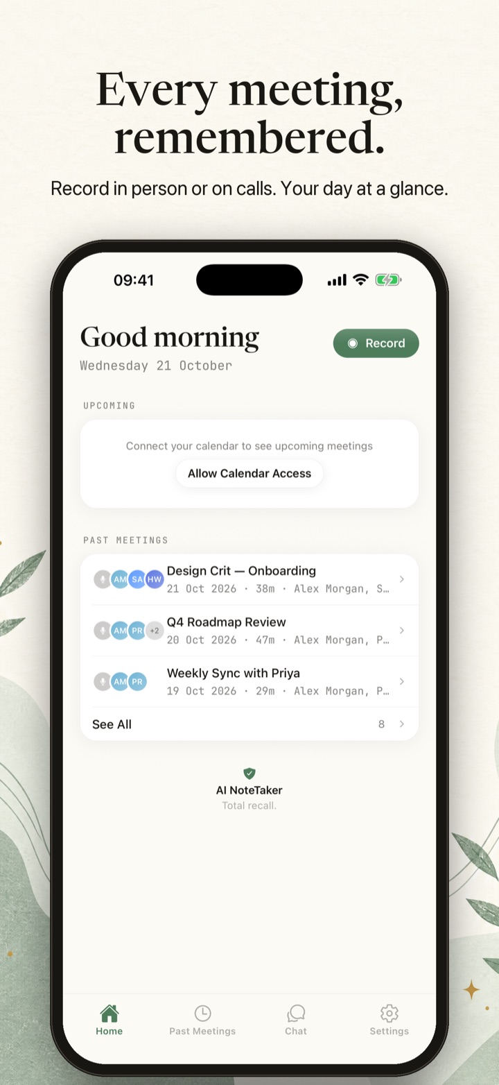 AI NoteTaker home screen with a Record button and recent meetings