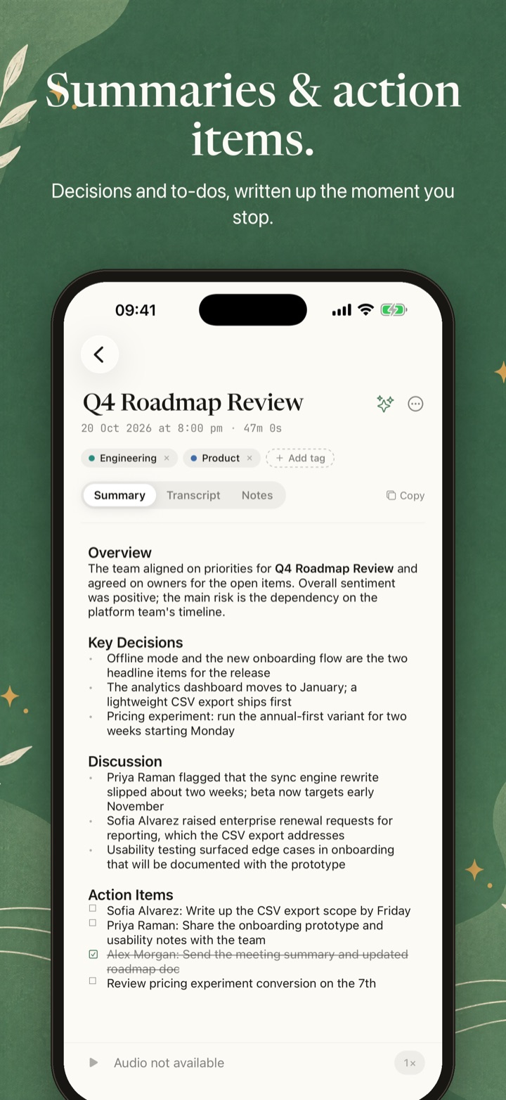 AI-generated meeting summary with decisions and action items